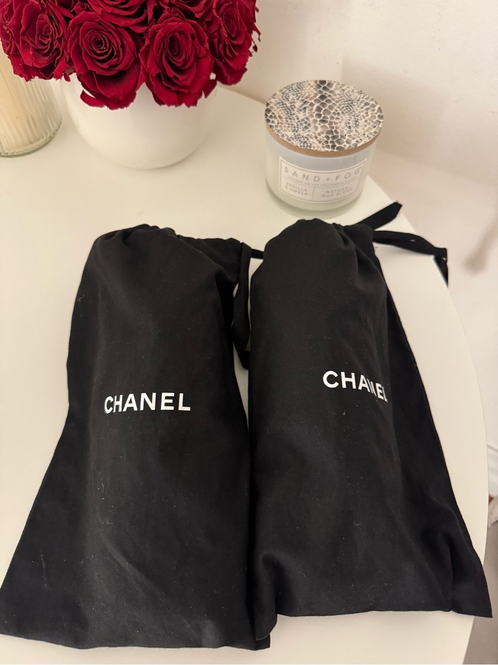 CHANEL Black Dust Bags (Pair) with White Logo